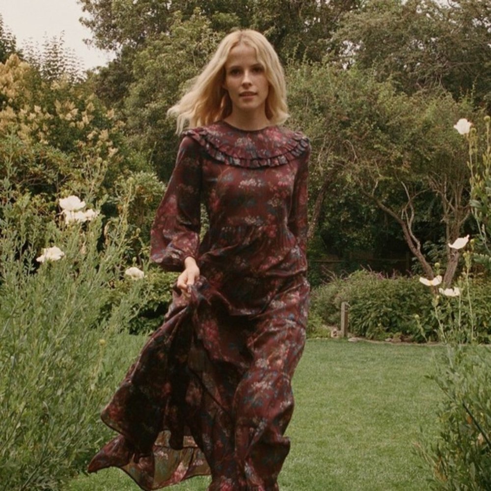 Doen Aster Bordeaux Winter Floral Ruffle Prairie Tired Maxi Long Dress Small